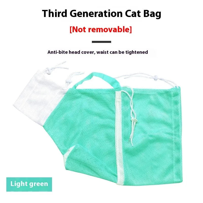 Upgraded fifth-generation cat grooming bag in pink and white colours on a table.