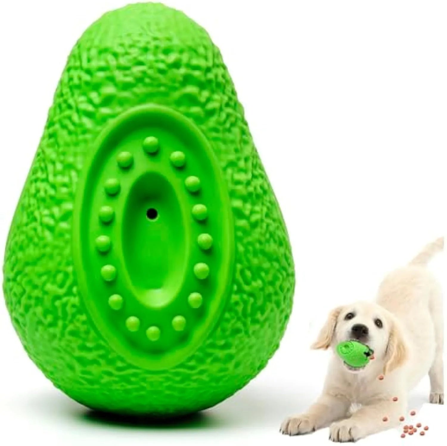 Green avocado-shaped natural rubber dog chew toy with textured surface for teeth cleaning