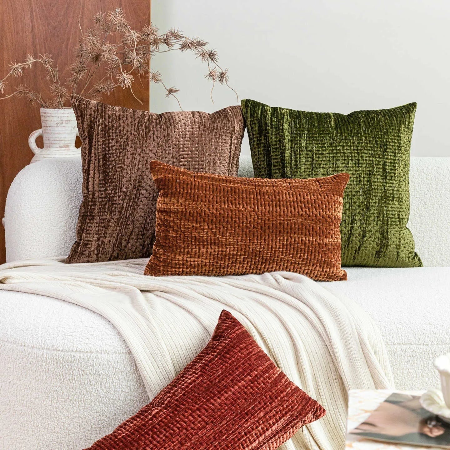 Antique style quilted cushion pillow with mercerised velvet embossing in green, red, mocha, or orange colours