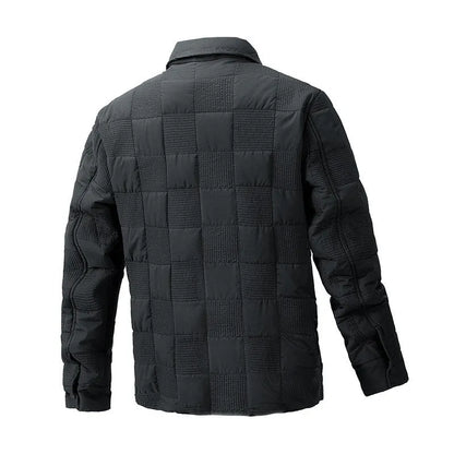 Men's black quilted polo collar jacket with wool lining on a hanger
