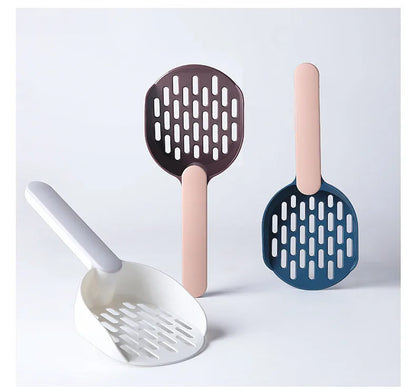 Blue plastic cat litter shovel scoop with drainage holes for cleaning a litter box.