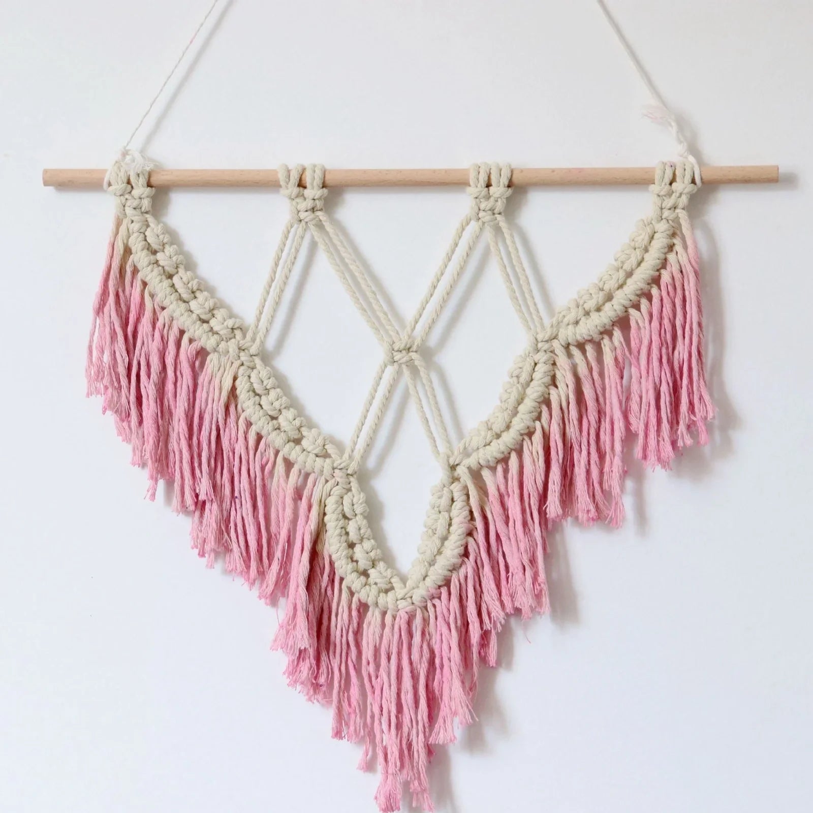 Handmade cotton macrame wall hanging measuring 40x50cm with natural cotton rope and bohemian knot design