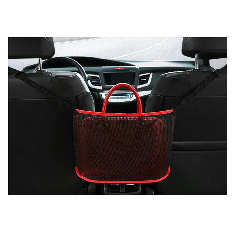 Durable car net pocket handbag holder in red and black, dimensions 40x12x26cm