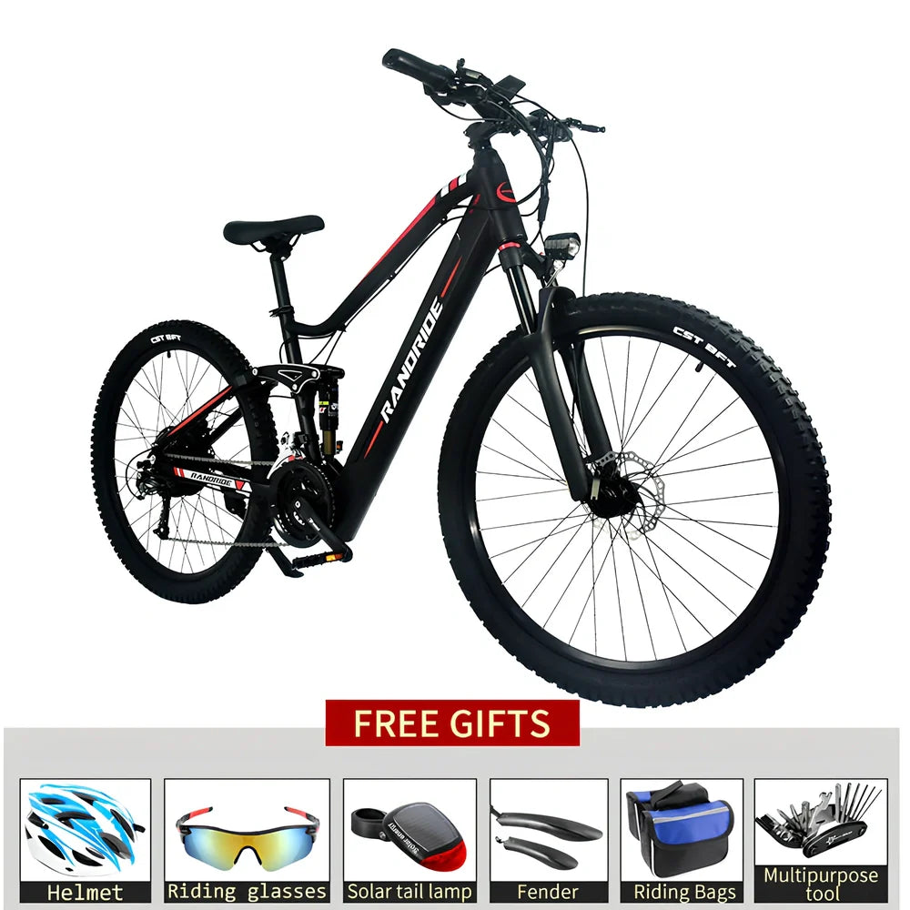 Black and red electric mountain bike with full suspension, 27.5-inch wheels, and down tube battery