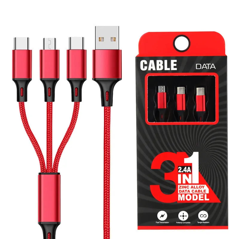 Three-in-one charging cable with nylon braid in red, blue, gold, black, silver, and rose gold colour options.