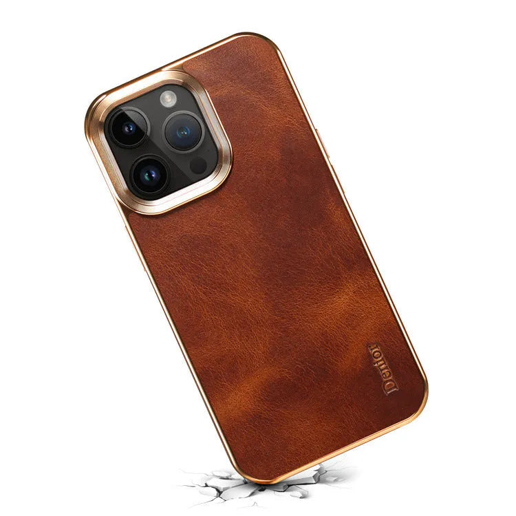 Leather phone case in vintage oil wax leather, handmade for iPhone 12 to 15 Ultra models, showing slim design and 360-degree protection.
