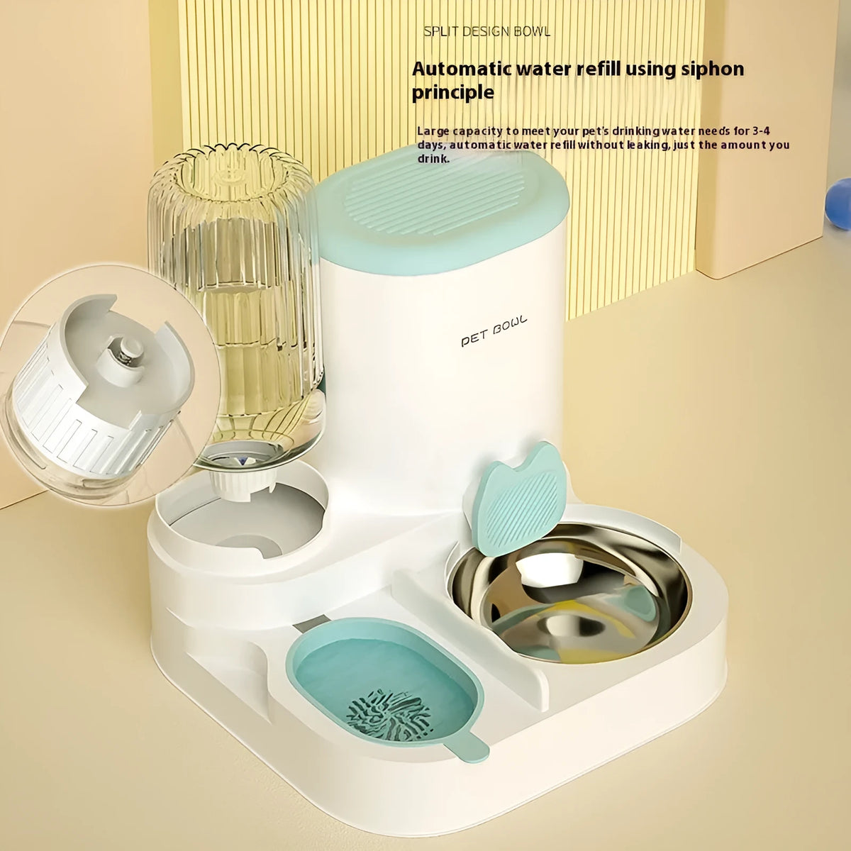 Automatic cat feeding water fountain with integrated double bowl in avocado green colour, dimensions 27x27x24cm