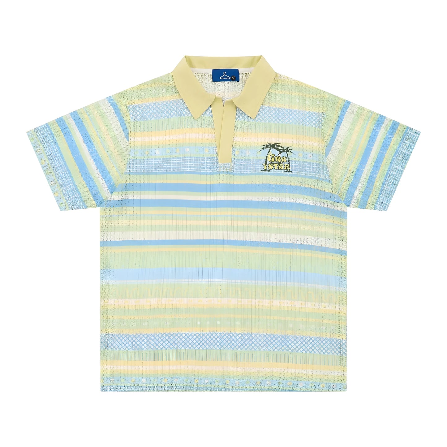 Men's blue and yellow printed short sleeve shirt with elastic polyester fabric and loose fit design