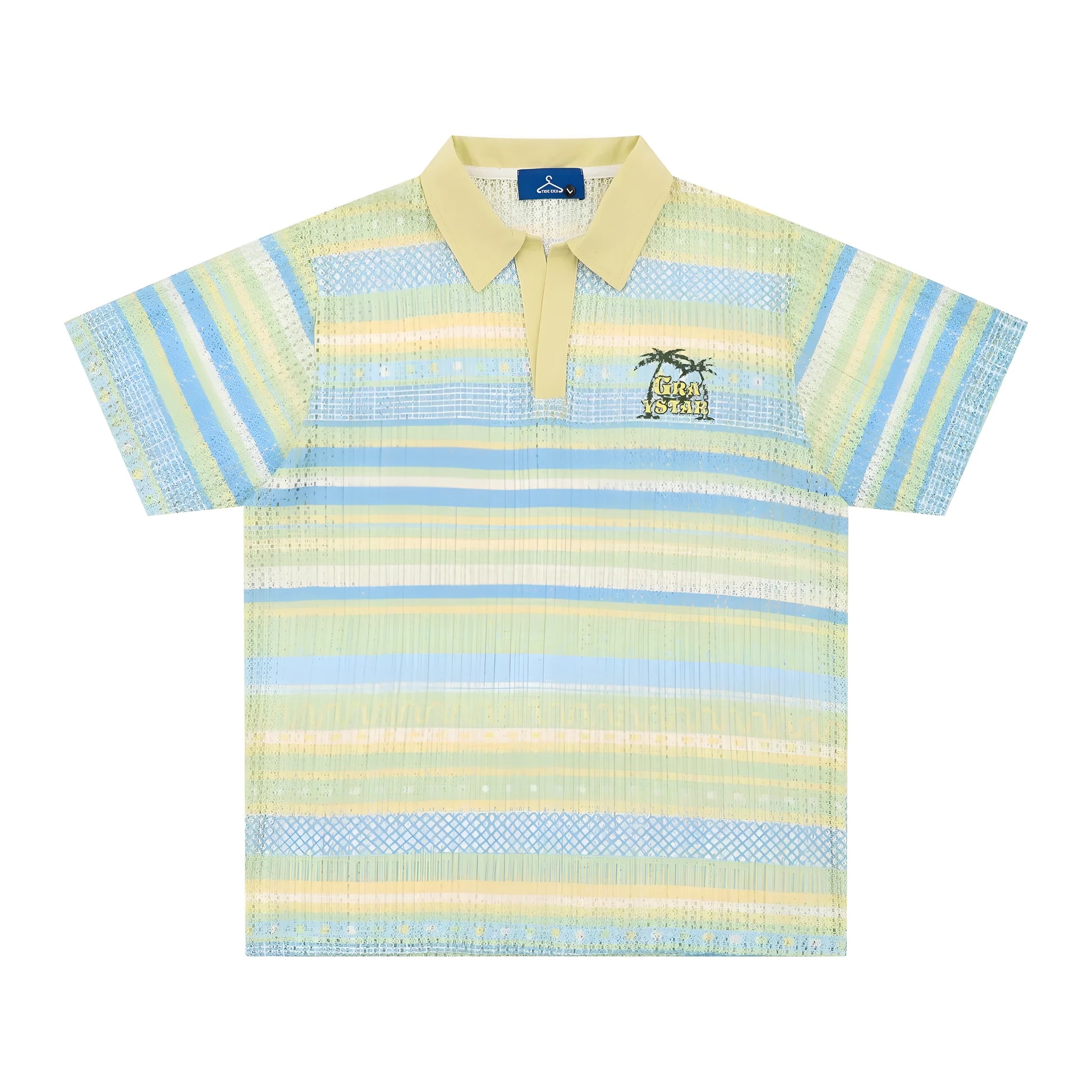 Men's blue and yellow printed short sleeve shirt with elastic polyester fabric and loose fit design
