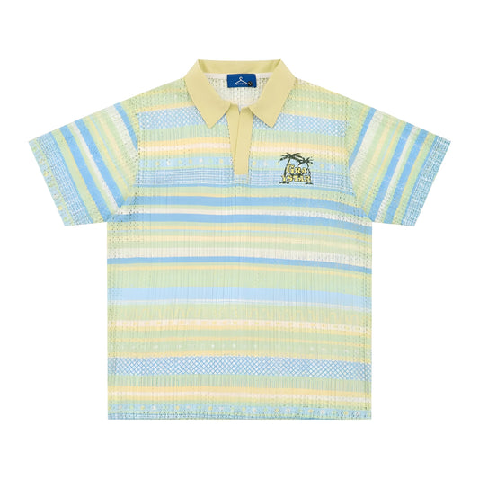 Men's blue and yellow printed short sleeve shirt with elastic polyester fabric and loose fit design