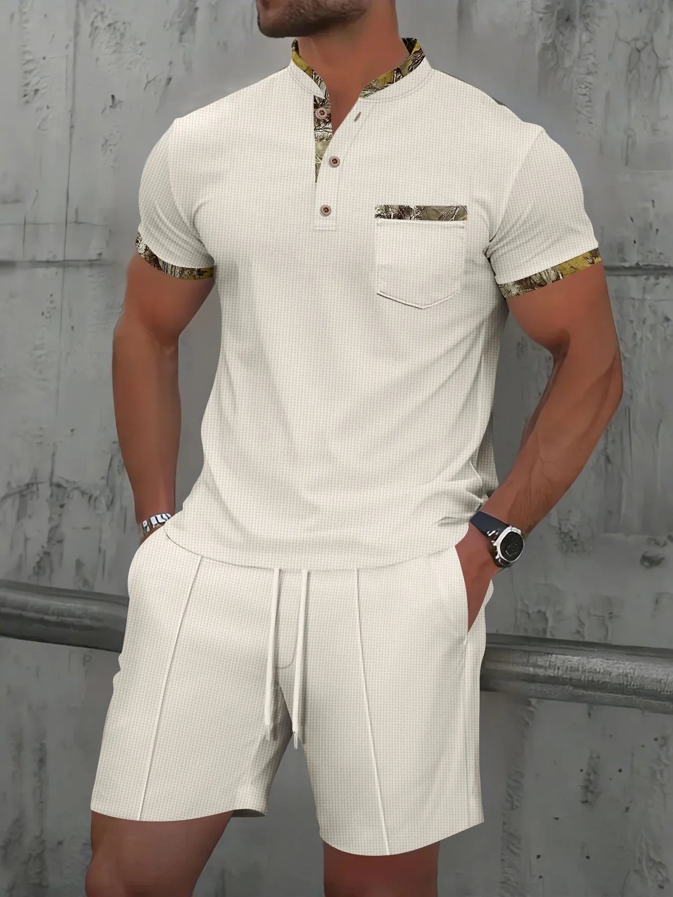 Men's grey waffle texture polo collar short sleeve suit with zipper and matching shorts for summer wear