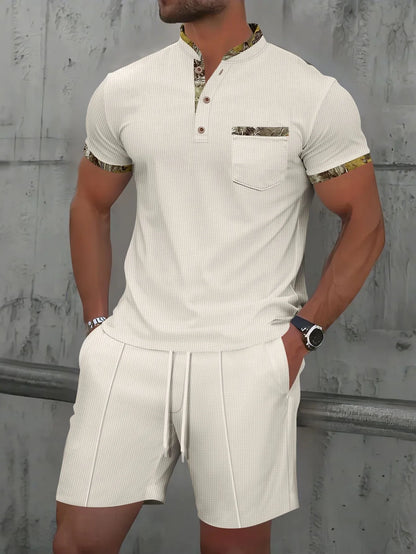Men's grey waffle texture polo collar short sleeve suit with zipper and matching shorts for summer wear