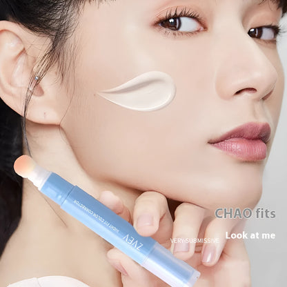 Concealer pen with sponge brush head applicator showing three shade options: brightening, pink flesh, and flesh colour
