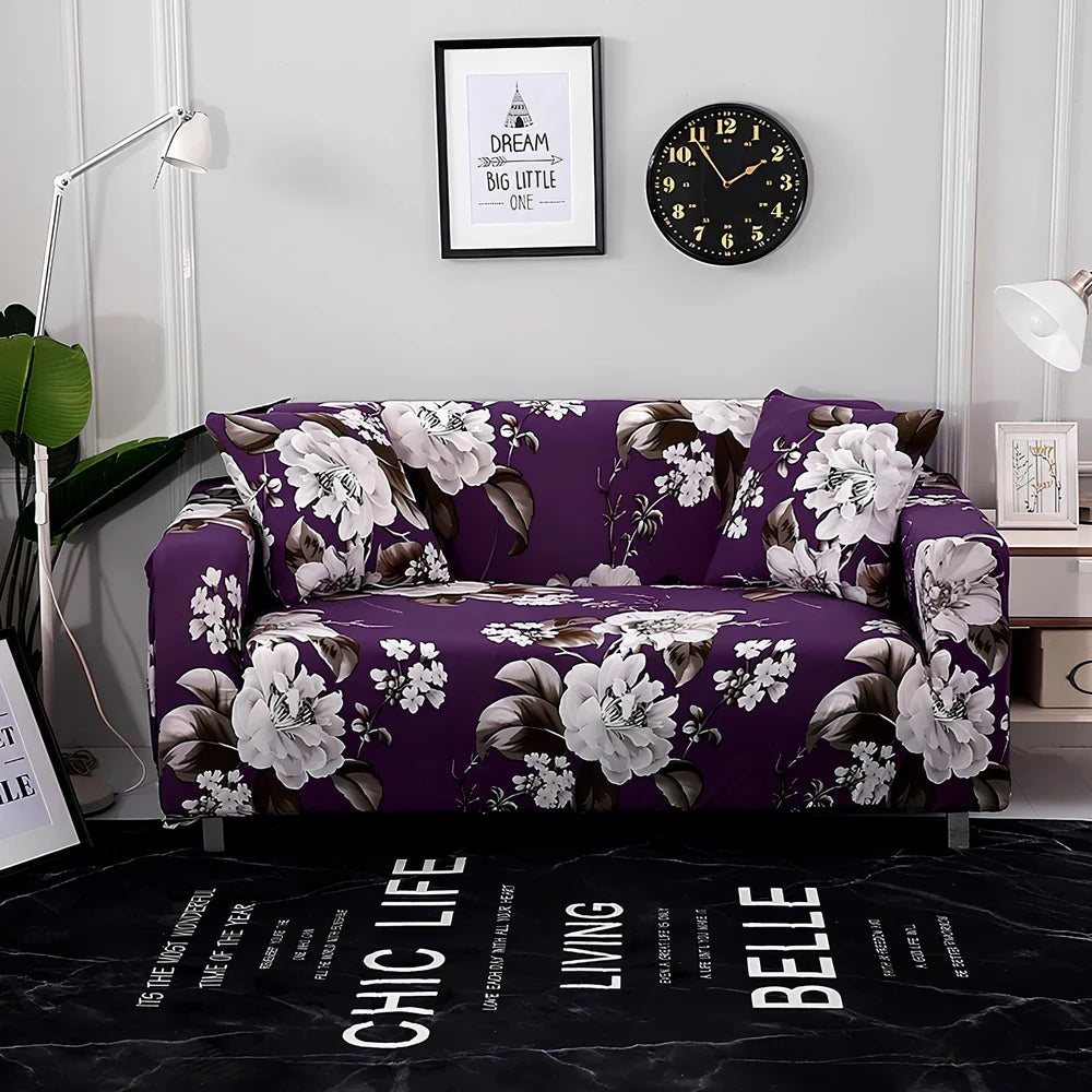 Elastic sofa cover with stripe pattern stretched over 3-seat sofa in living room setting