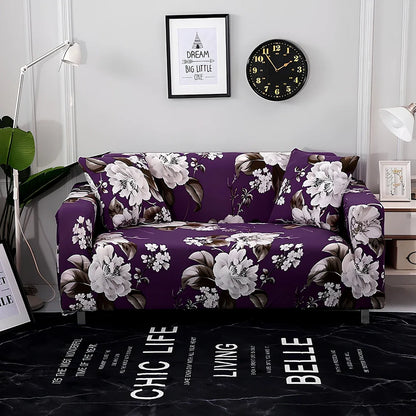 Elastic sofa cover with stripe pattern stretched over 3-seat sofa in living room setting