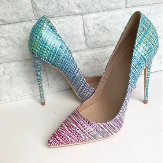 Ladies' colourful gradient patent leather heels with pointed toe and sheepskin insole, available in 8cm, 10cm, and 12cm heel heights.