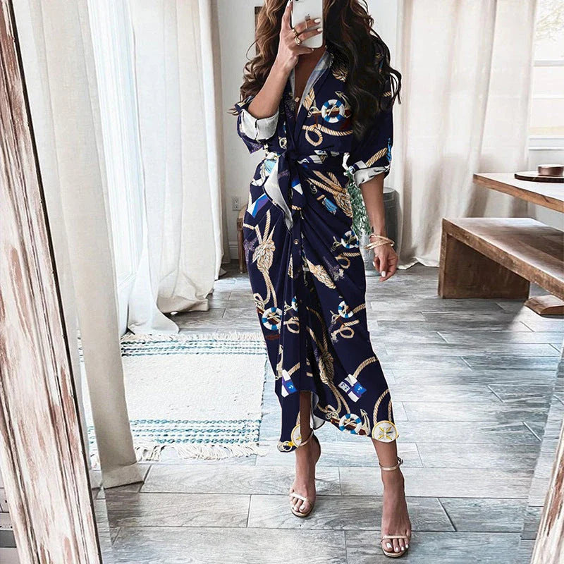 Elegant Floral Print Lace-Up Maxi Dress with Deep V-Neck, Long Sleeves, and Flattering Silhouette