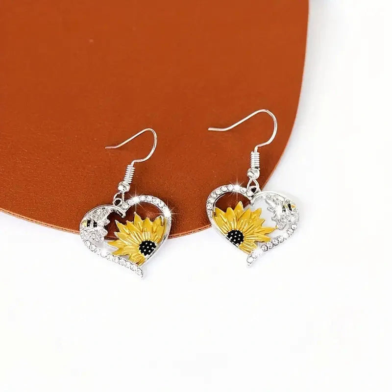 Stylish silver bee sunflower heart earrings for women, perfect for nature lovers.