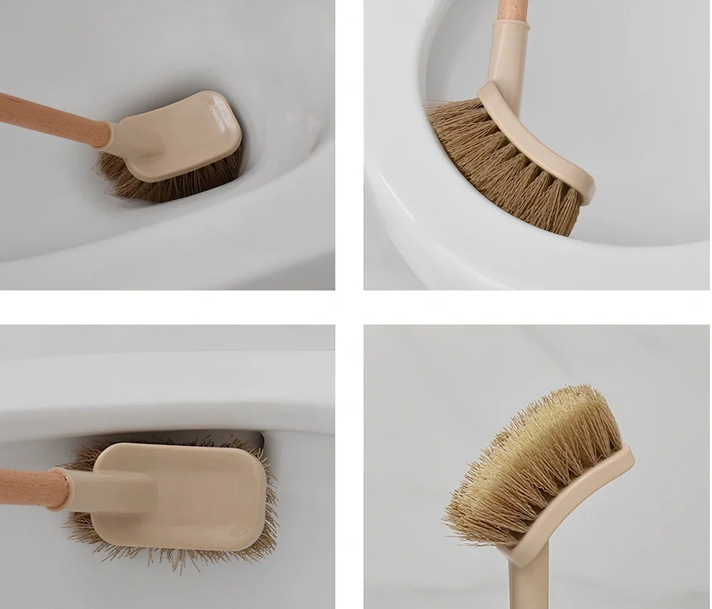 Wooden toilet brush with 360 degree bristles and natural beech handle for bathroom cleaning