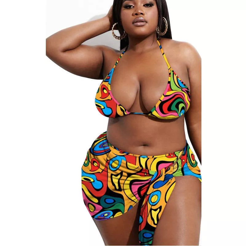 Women's bikini swimwear set with skirt in vibrant colors, sizes XL to XXXXL