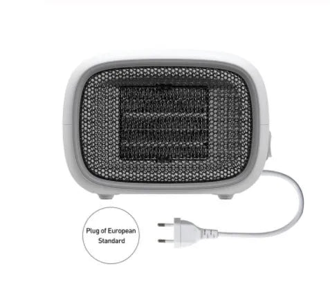 Mini home heater in green, white, or yellow with PTC ceramic heating and compact 158mm x 90mm x 114mm size