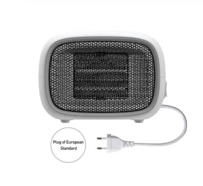 Mini home heater in green, white, or yellow with PTC ceramic heating and compact 158mm x 90mm x 114mm size