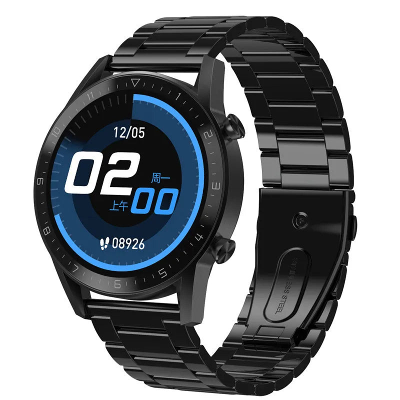 Multifunctional sports watch with 1.3-inch touchscreen on a genuine leather strap with classic buckle.