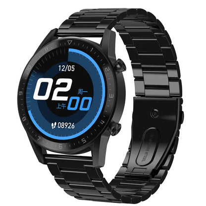 Multifunctional sports watch with 1.3-inch touchscreen on a genuine leather strap with classic buckle.