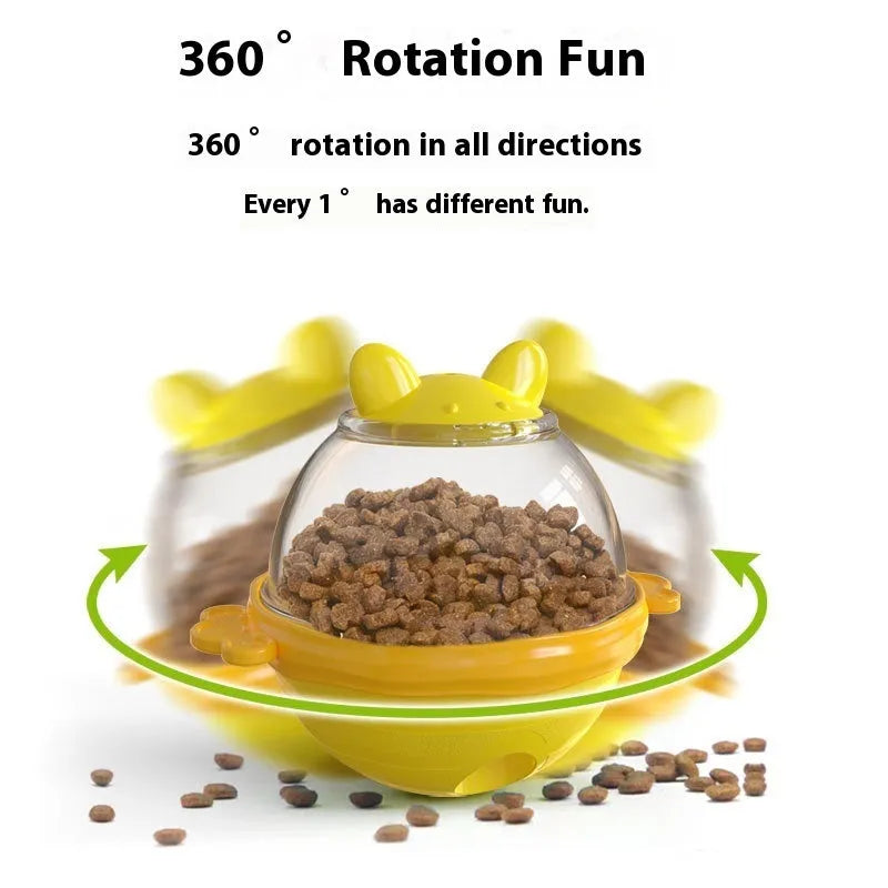 Yellow TPR dog leakage feeder puzzle toy for slow feeding, shown next to lake blue version.