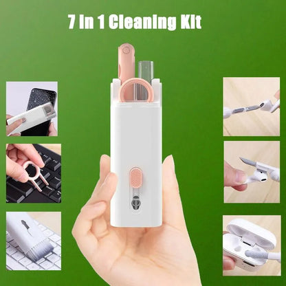 Multifunctional white cleaning pen kit open to show silicone tip, brush, keycap puller, and spray bottle for electronics.