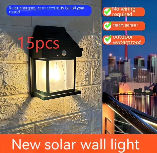 Black solar garden wall lamp with waterproof IP65 rating and automatic light sensor for outdoor installation