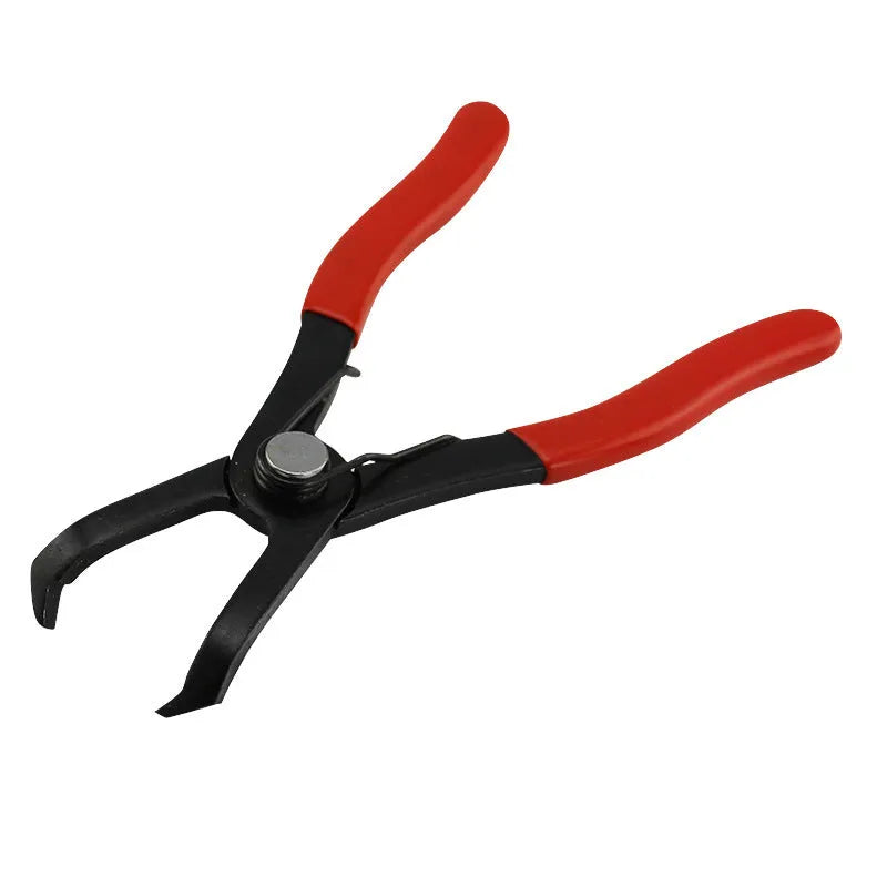 Red carbon steel round nail removal pliers with PVC handles, jaws open.