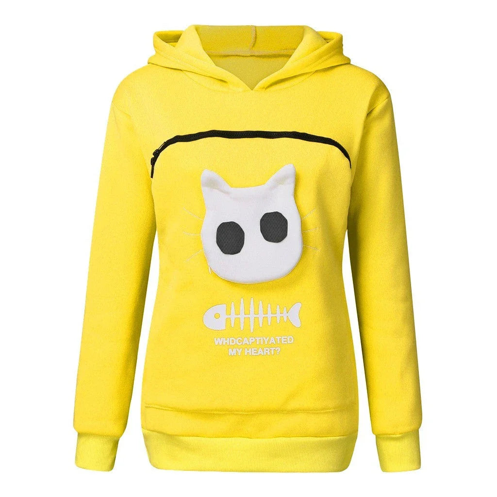A cozy and stylish women's hooded sweatshirt with a unique cat-themed pocket design, available in a variety of vibrant colors.