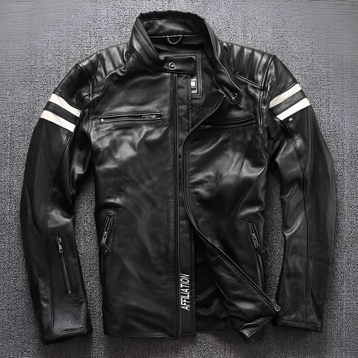 Motorcycle leather jacket in black cowhide with stand-up collar and multiple pockets, size S-3XL.