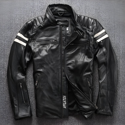 Motorcycle leather jacket in black cowhide with stand-up collar and multiple pockets, size S-3XL.