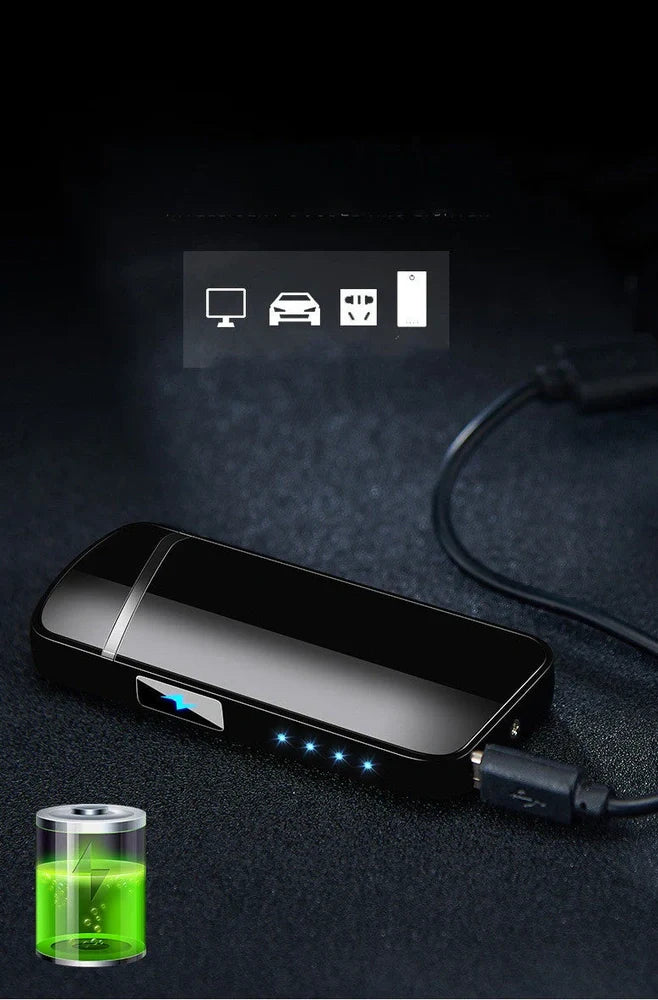 Zinc alloy charging lighter in black brushed finish, 80x35x13 mm with windproof arc and USB port