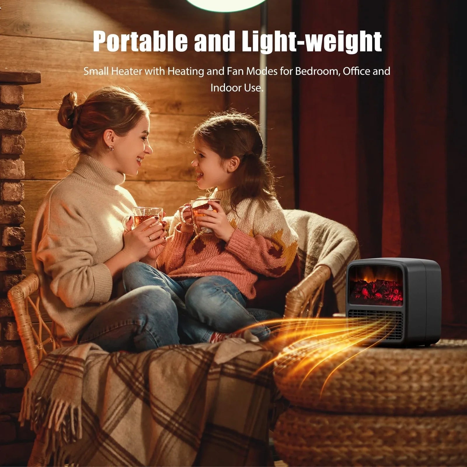 Black desktop electric space heater with ceramic heating element and mechanical controls measuring 22cm square