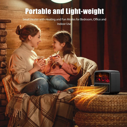 Black desktop electric space heater with ceramic heating element and mechanical controls measuring 22cm square