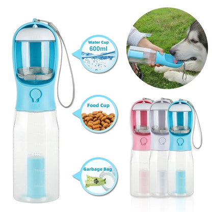 Multifunctional pet water bottle and feeder with poop dispenser in turquoise, pink, and white colors