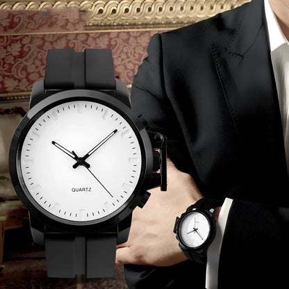 Men's black quartz wristwatch with 50mm dial, zinc alloy case, 12mm thickness, and silicone strap for outdoor use