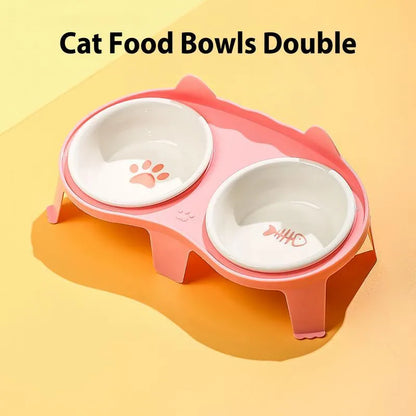 Ceramic cat bowl set with elevated stand in blue, pink, white, or yellow