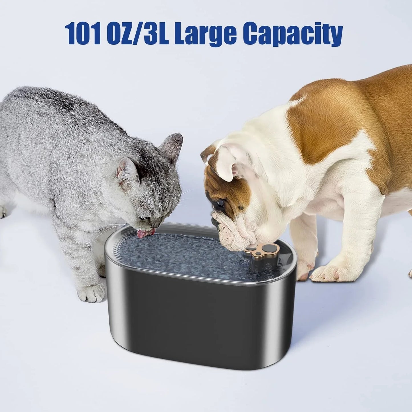 A stylish and quiet 3-liter pet water fountain with a triple-layer filtration system, low-water LED indicator, and whisper-quiet operation.