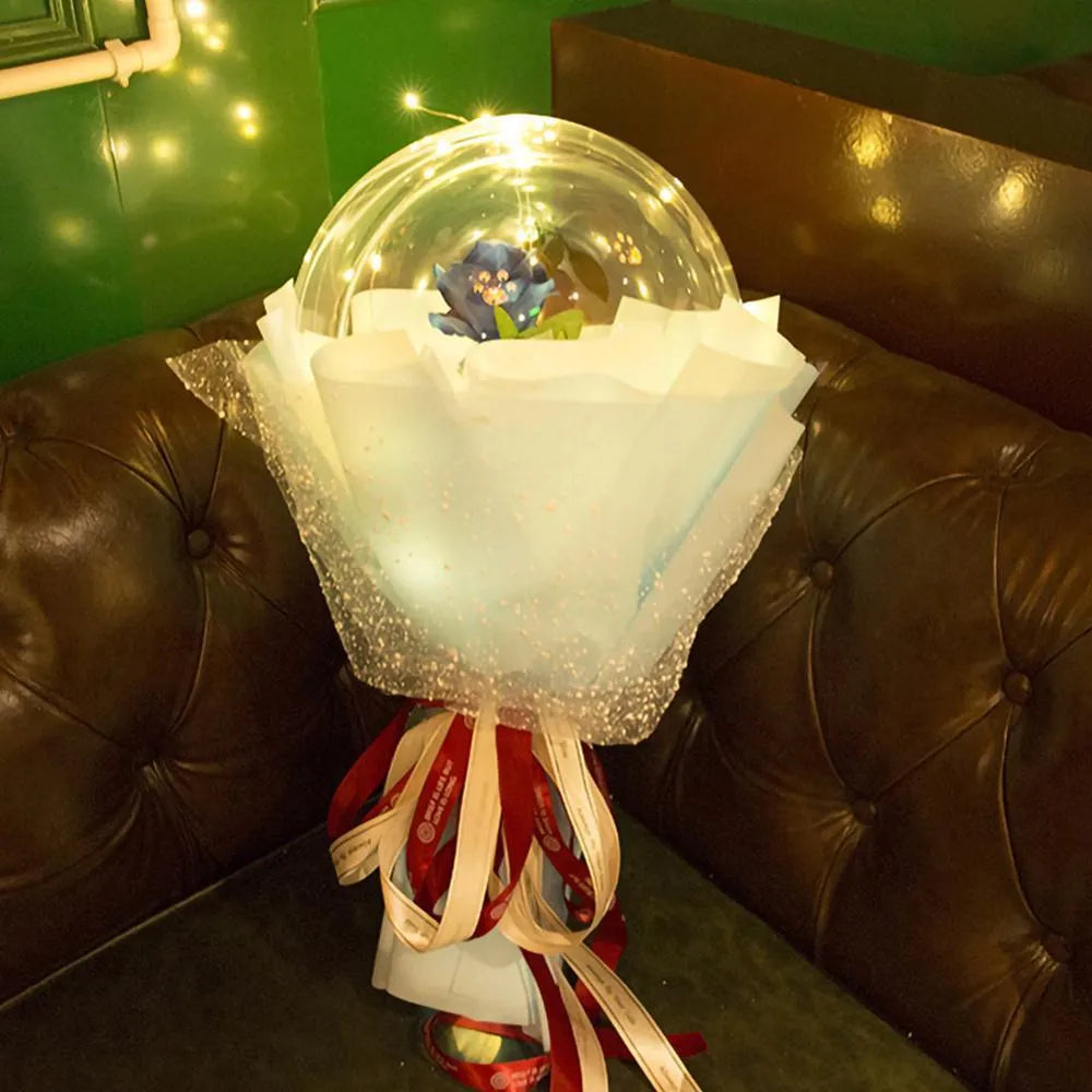 Transparent LED luminous balloon rose bouquet with artificial flowers and illuminated lights