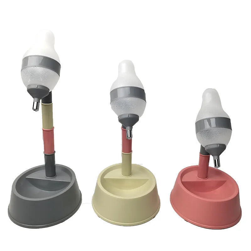 Adjustable height all-in-one pet waterer and feeder for cats and dogs, shown in grey or pink