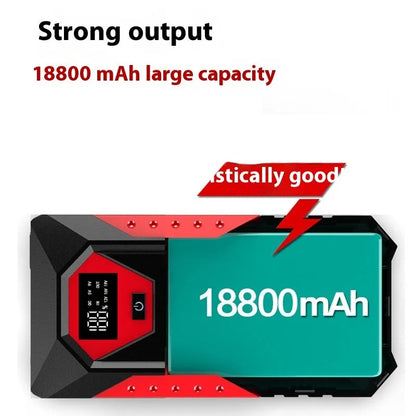 Red 12V emergency start power source with 18800 capacity, battery clamp, and data cable for car jump starting