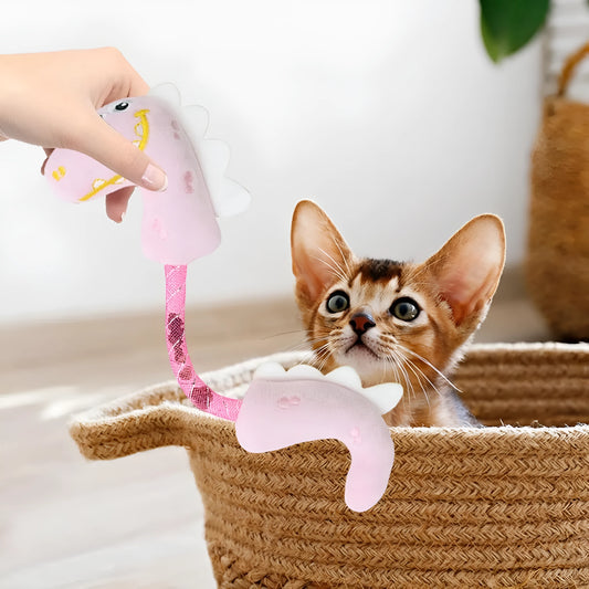 Set of four colourful plush cat toys: a fish, a mouse, a bunny, and a knotted rope, on a neutral background.