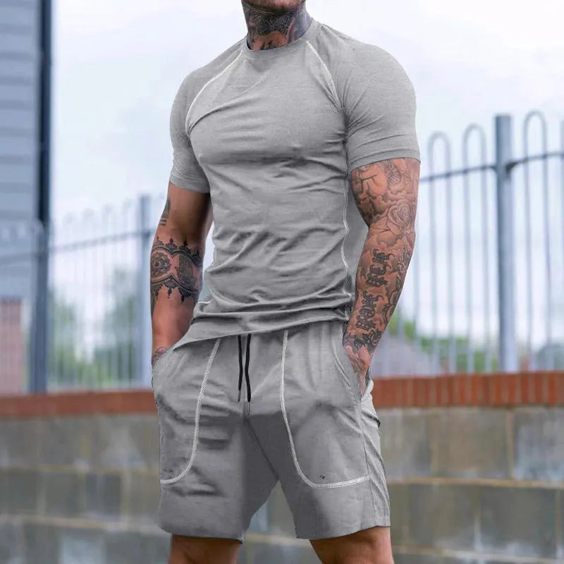 Men's running fitness suit with short sleeve T-shirt and shorts in black polyester, sizes S to XXXL
