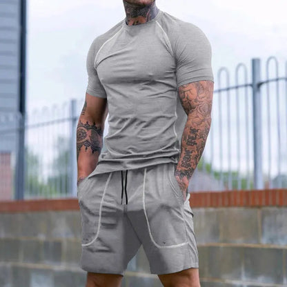 Men's running fitness suit with short sleeve T-shirt and shorts in black polyester, sizes S to XXXL