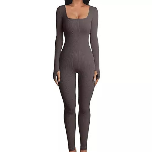 Women's long sleeve yoga jumpsuit with square collar in various colors
