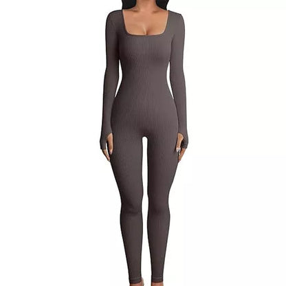 Women's long sleeve yoga jumpsuit with square collar in various colors